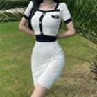 Set: Short-sleeve Contrast Trim Top + Pencil Skirt Top - White - One Size / Skirt - White - One Size