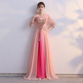 3/4-sleeve Paneled A-line Gown
