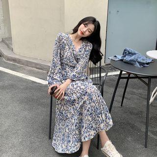 Two-tone Denim Jacket / Long-sleeve Floral Pleated Chiffon Dress
