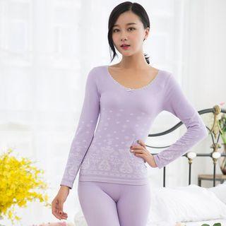 Loungewear Set: Lace Round-neck Patterned Knitted Top + Pants