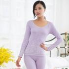 Loungewear Set: Lace Round-neck Patterned Knitted Top + Pants