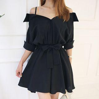 Cold Shoulder Elbow-sleeve Mini A-line Dress