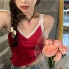 Plain Slim-fit Light Cardigan / Lace Camisole Top