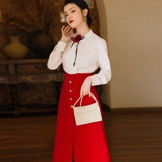 Set: Jabot Blouse + Straight Fit Midi Skirt