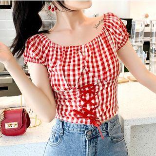 Short-sleeve Off-shoulder Lace-up Plaid Top