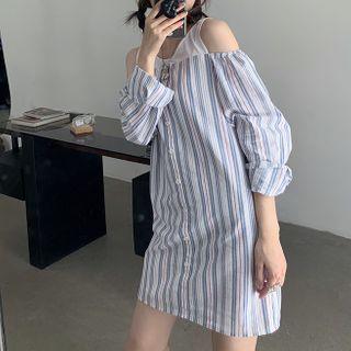 Mock Two-piece Long-sleeve Cold Shoulder Striped A-line Mini Dress As Shown In Figure - One Size