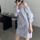 Mock Two-piece Long-sleeve Cold Shoulder Striped A-line Mini Dress As Shown In Figure - One Size