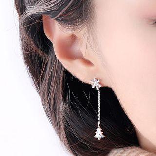 925 Sterling Silver Asymmetric Rhinestone Christmas Tree Drop Earring 1 Pair - As Shown In Figure - One Size