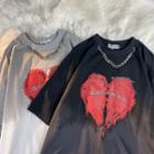 Short-sleeve Chained Lettering Heart Print T-shirt