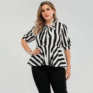 Plus Size Elbow-sleeve Striped Tie-neck Blouse