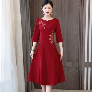 Elbow-sleeve Embroidered Midi A-line Party Dress
