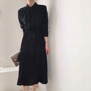 Long-sleeve Stand Collar Midi A-line Dress