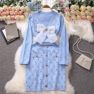 V-neck Bow Knit Mini Bodycon Dress