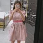 Puff-sleeve Double-breasted Checked Tweed Dress Pink - One Size