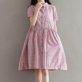 Short-sleeve Gingham A-line Shirtdress