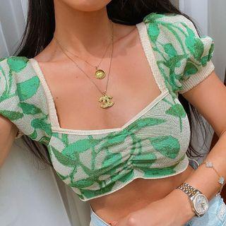 Short Puff Sleeve Print Crop Top
