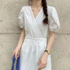V-neck Puff-sleeve Midi A-line Dress As Shown In Figure - One Size