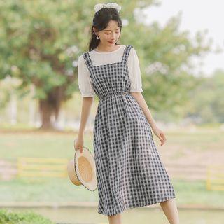 Set: Short-sleeve Top + Sleeveless Plaid Dress