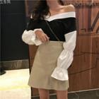 Mock Two-piece Chiffon Panel Sweatshirt / A-line Mini Skirt