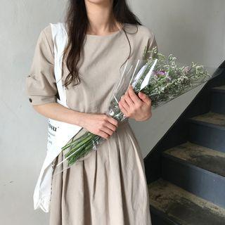 Elbow-sleeve Tie-waist A-line Dress Sand Color - One Size