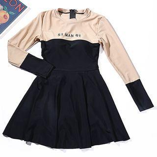 Long-sleeve Lettering Two-tone Swim Dress