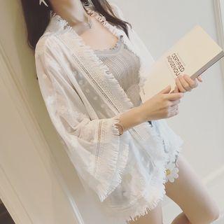 Fringed Trim Open Front 3/4-sleeve Jacket