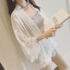 Fringed Trim Open Front 3/4-sleeve Jacket