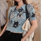 Print Short-sleeve Cropped Polo Shirt Blue - One Size