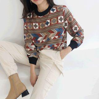 Round-neck Patterned Top Brown - One Size