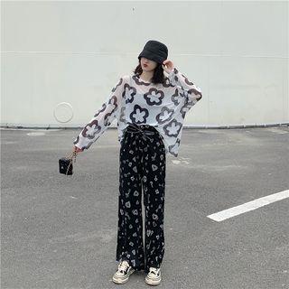 Flower Print Oversize Long-sleeve Light T-shirt / Printed Wide-leg Pants