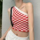 One-shoulder Checkered Knit Crop Tank Top