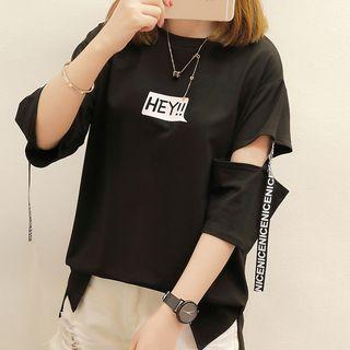 Strap Detail Printed Elbow-sleeve T-shirt