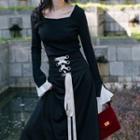 Set: Square-neck Long-sleeve Top + Lace-up A-line Midi Skirt
