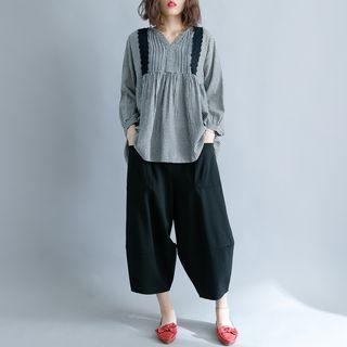3/4-sleeve Lace Trim Checker Blouse As Shown In Figure - One Size