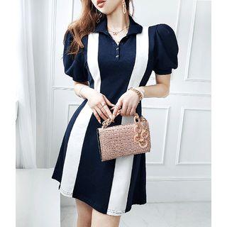 Puff-sleeve Two-tone Polo Dress