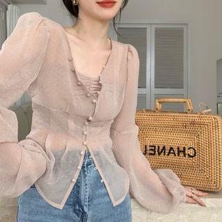 Long-sleeve Plain Blouse / Cropped Camisole Top