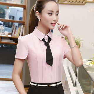 Set: Short-sleeve Pintuck Shirt + Pencil Skirt