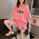 Set: Elbow-sleeve Lettering Hooded T-shirt + Wide Leg Shorts