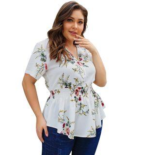 Half-zip Floral Print Short-sleeve Blouse