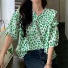 Elbow-sleeve Wide-collar Floral Print Blouse