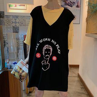 Elbow-sleeve T-shirt / Print Loose Fit Vest