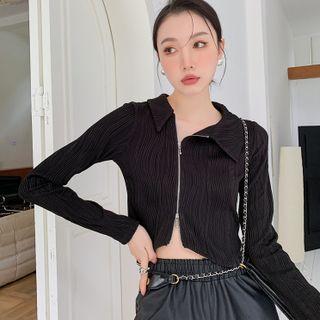 Polo-neck Zip-up Knit Top