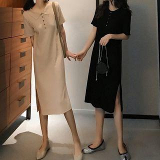 Short-sleeve Buttoned Slit Midi Dress