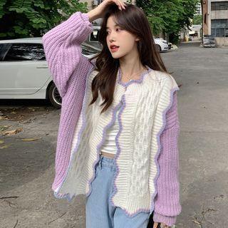 Two-tone Scallop Trim Cardigan Purple - One Size