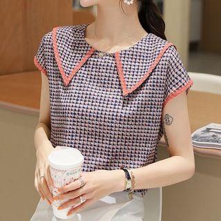 Cap-sleeve Plaid Doll-collar Top
