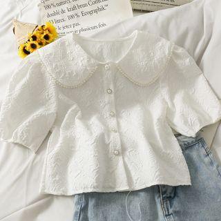 Embossed Pearl-trim Slim-fit Crop Shirt