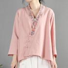 Floral Embroidered Frog Buttoned Shirt