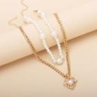 Set: Faux Pearl Necklace + Pendant Necklace Set Of 2 - Gold - One Size