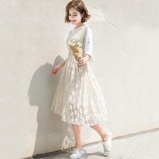 Set: Plain Elbow Sleeve T-shirt Dress + Lace Pinafore Dress