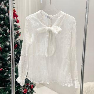 Long-sleeve Square-neck Plain Lace-up Blouse White - One Size